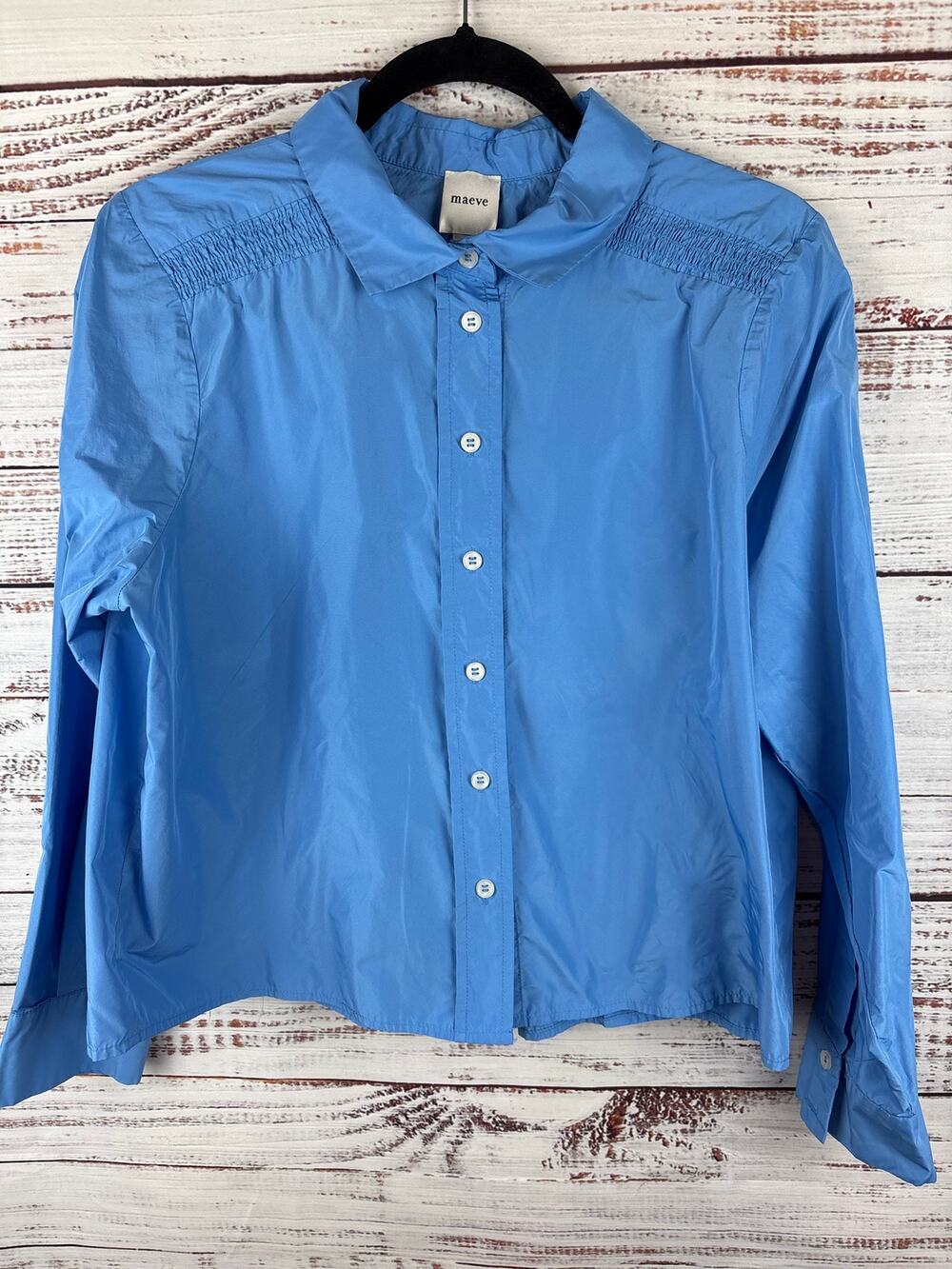 Maeve Anthropologie Blue Nylon Button Up Shirt Light Blue Smocked Womens M